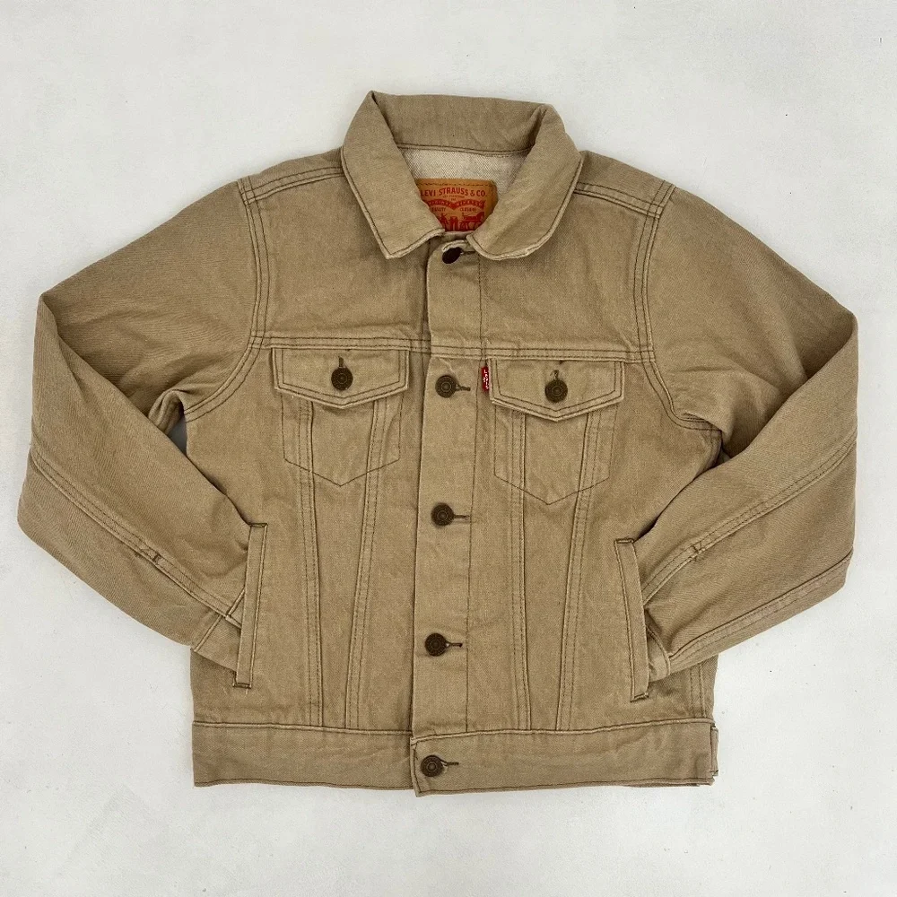 Levi Strauss‎ Co. Boys Size M Trucker Jacket Beige Denim Flap Pockets NWOT
